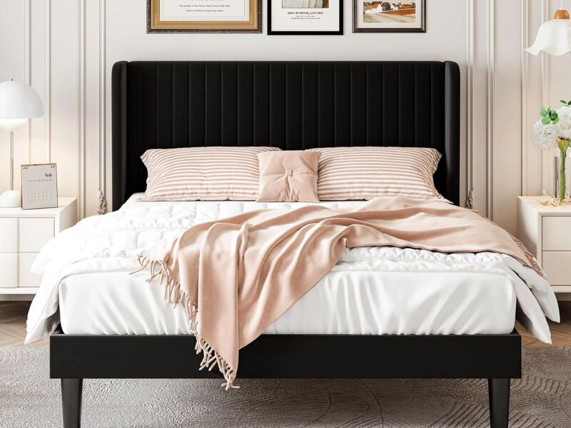 Queen Size Velvet Bed Frame With Vertical Channel Tufted Wingback Headboard, Upholstered Platform Bed With Wood Slats, No Box Spring Needed, Easy Assembly, Black