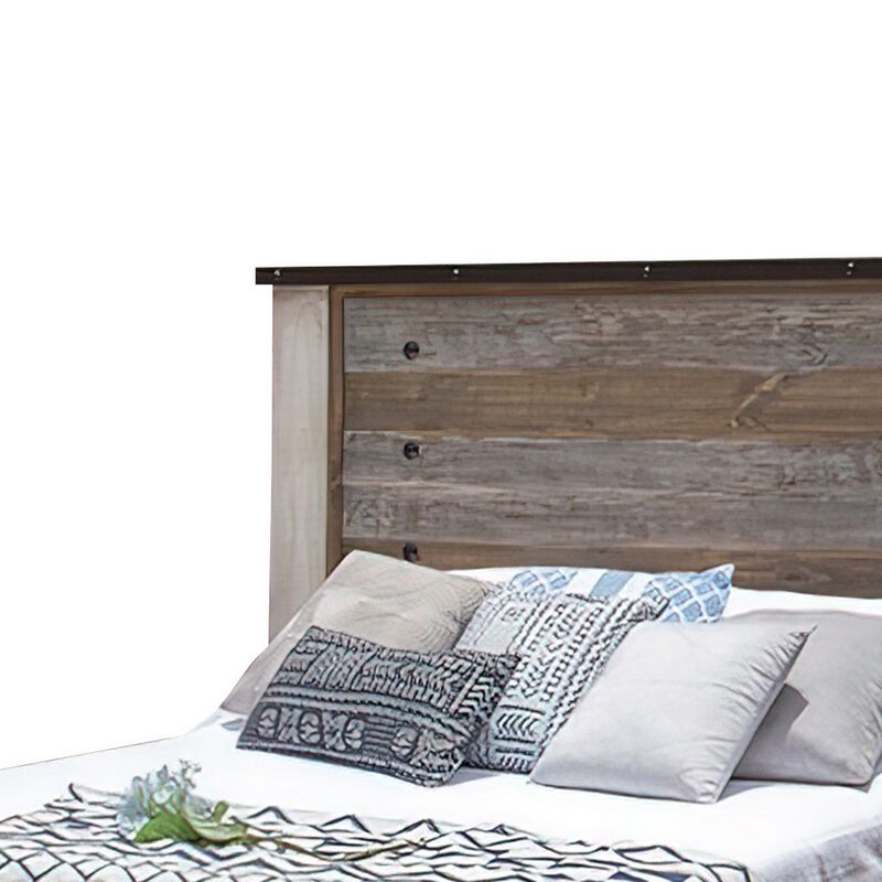 Fena Queen Size Bed, Round Black Nailheads, Distressed, Multicolor Brown