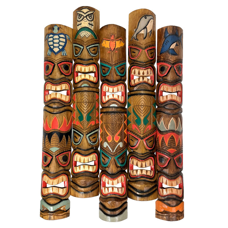Set of 5 Double Tiki Mask Animal Totem Hand Carved Wall Decor Sculpture 40 Inch image number 6