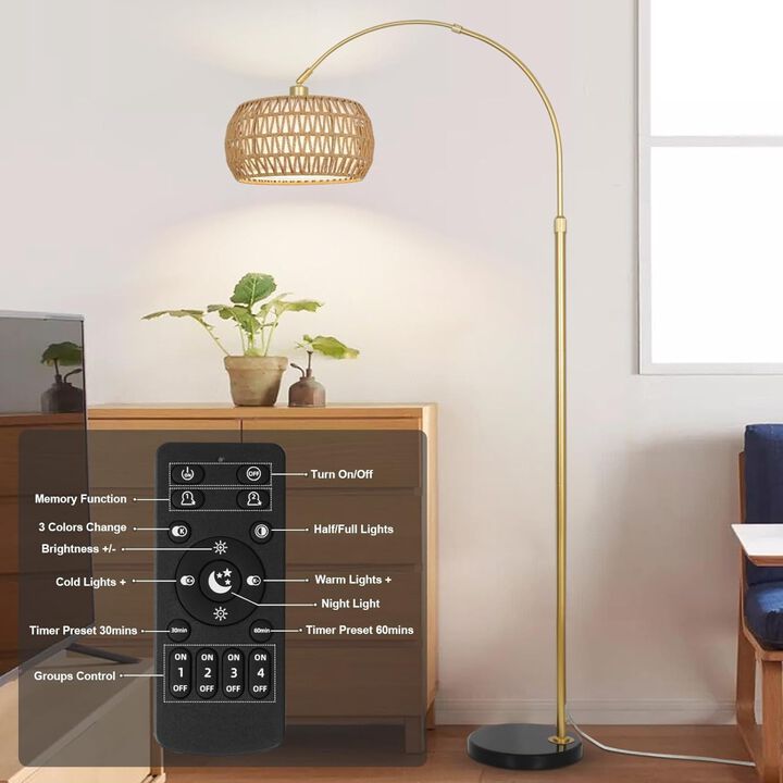 ELEMENT ACE Arc Floor Lamp with Remote Control Dimmable Bulb 3 Color Temperatures Height Adjustable Rattan Standing Lamp for Living Room Bedroom Over Couch Reading