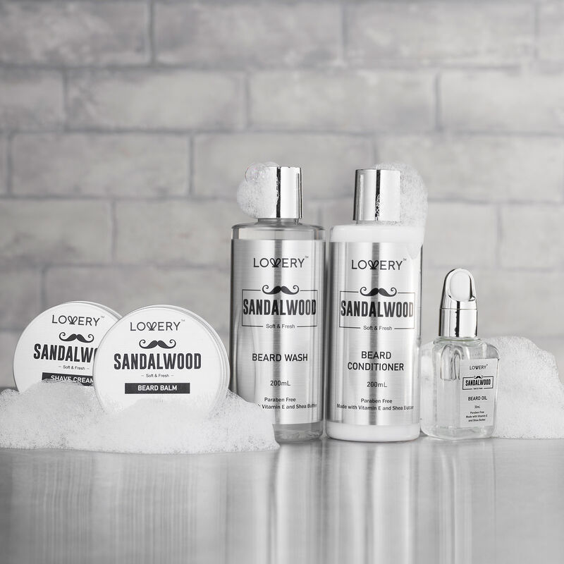 Luxury Silver Mens Bath and Body Gift Set, Sandalwood Selfcare Beard Grooming Kit
