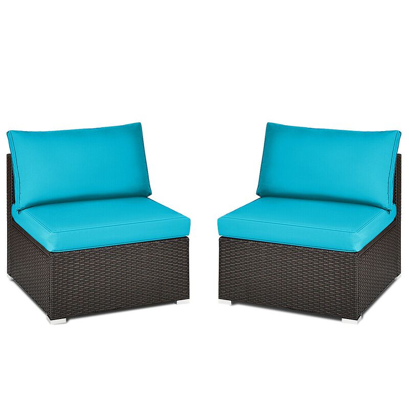 2 Pieces Patio Rattan Armless Sofa Set with 2 Cushions and 2 Pillows