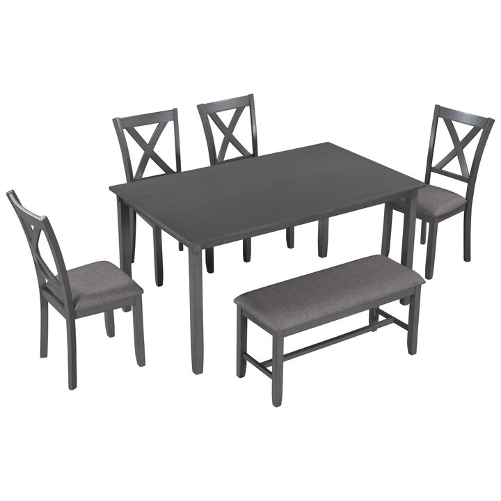 Merax 6-Piece Kitchen Dining Table Set Wooden Rectangular Dining Table, 4 Fabric Chairs and Bench Family Furniture