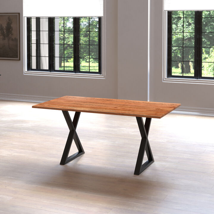67 Inch Rectangular Dining Table with Crossed Black Metal Legs and Natural Brown Faux Live Edge Acacia Wood Top