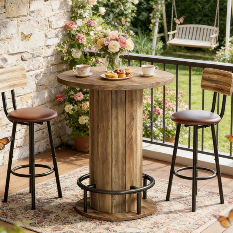 Wooden Bar Table with Brown Wood Grain Top and Rounded Base image number 3