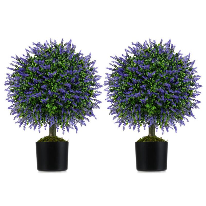 Hivvago 23 Inch Set of 2 Artificial Lavender Topiary Ball Trees with Cement-Filled Pot