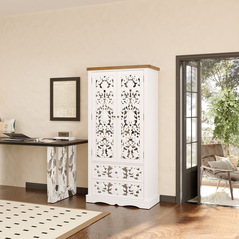 FUFU&GAGA Carved White Wardrobe with 2 Doors & 2 Drawers, Antique Metal Pulls, Wood Grain Top (33.1 in. W x 15.7 in. D x 66.1 in. H)