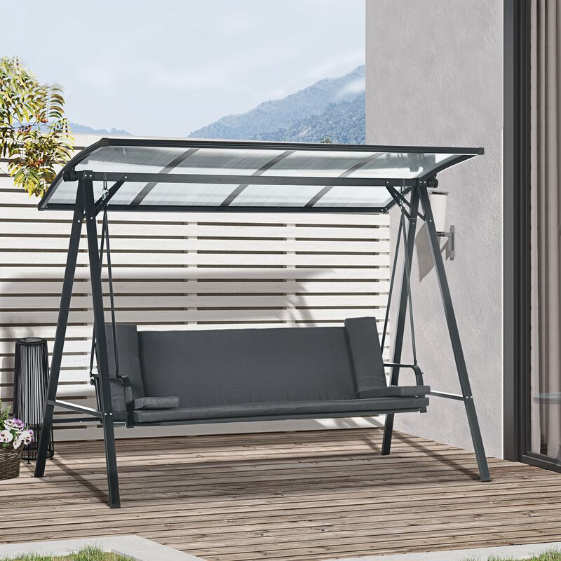Outsunny 3-Seat Patio Swing Chair, Convertible Swing Hammock Bed with Cushions, Adjustable Polycarbonate Canopy Sunshade Roof for Porch, Garden, Backyard, Gray