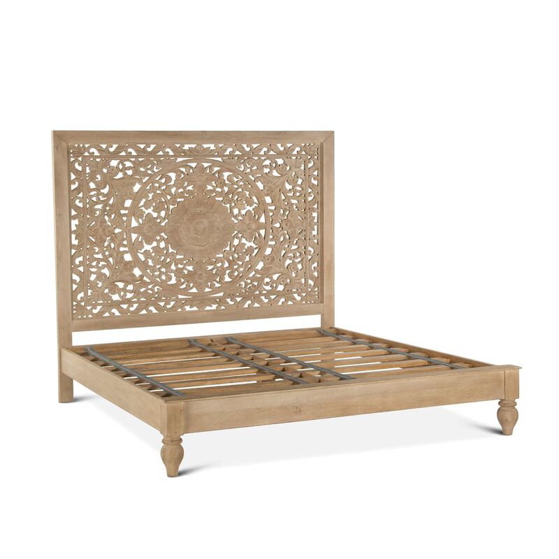 World Interiors Haveli Mango Wood Queen Bed in Natural Whitewash Finish image number 3