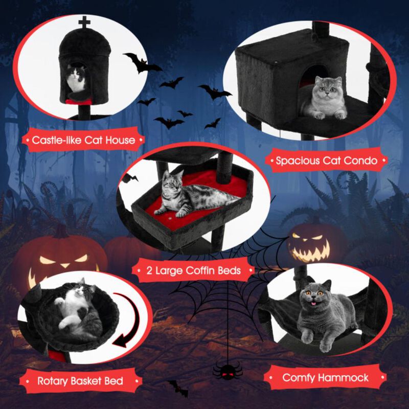 Hivvago Gothic Cat Tree with 2 Cat Condos and Coffin Bed for Indoor Cats