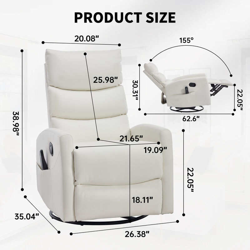 Heat Massage Manual Recliner Chair with Rocker and Swivel in Fabric for Living Room, White