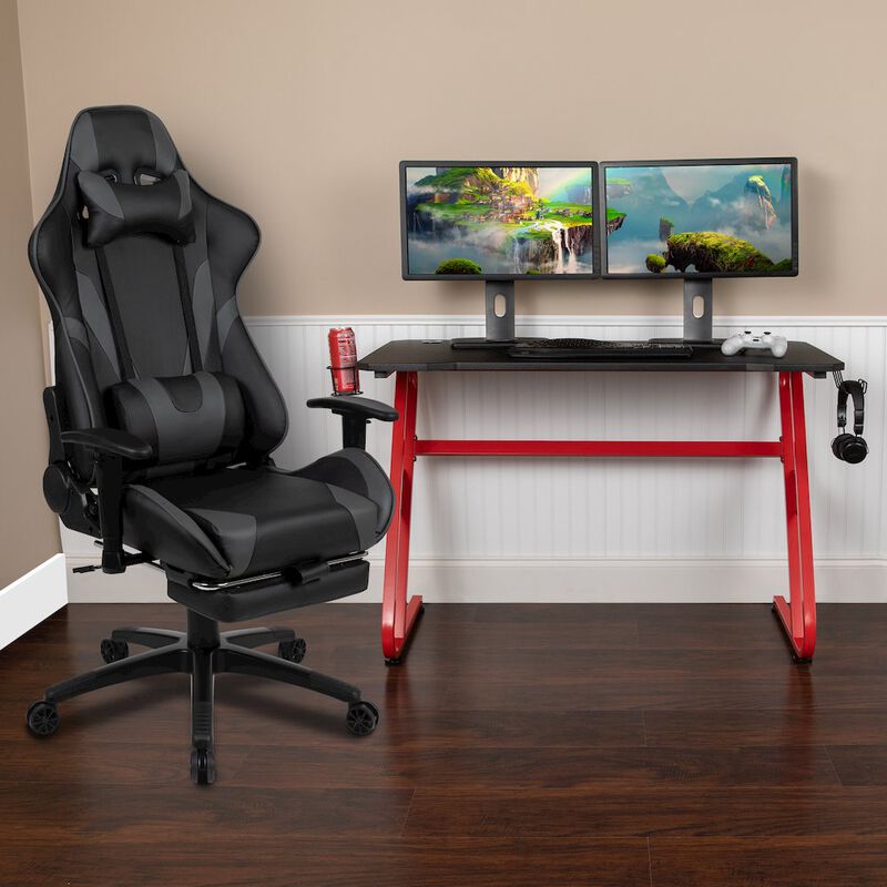 Flash Furniture Red Gaming Desk with Cup Holder/Headphone Hook & Reclining Gaming Chair image number 8