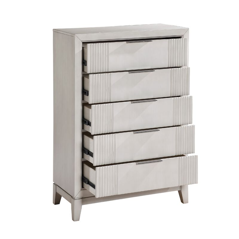 Flo Tall Dresser Chest, 5 Drawers, Antique White Wood, Chrome Handles