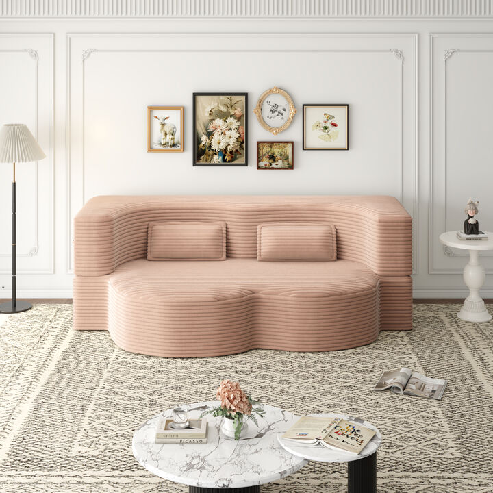 Modern Floor Sofa with 2 Pillows,Convertible Plush Corduroy Foam-Filled Sleeper Sofa