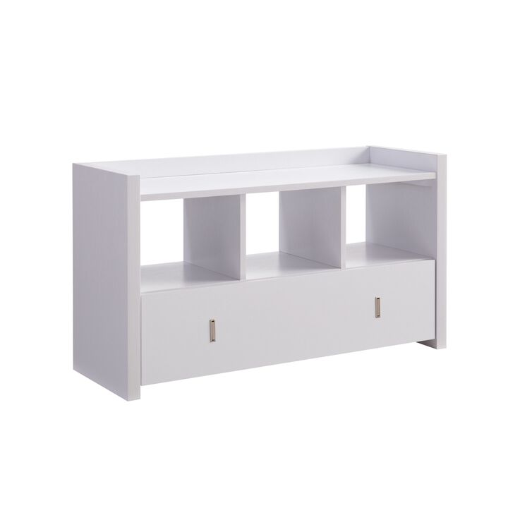 Beak Shoe Bench, 3 Open Shelves 1 Drawer, 34 Inch Classic White Finish - Benzara