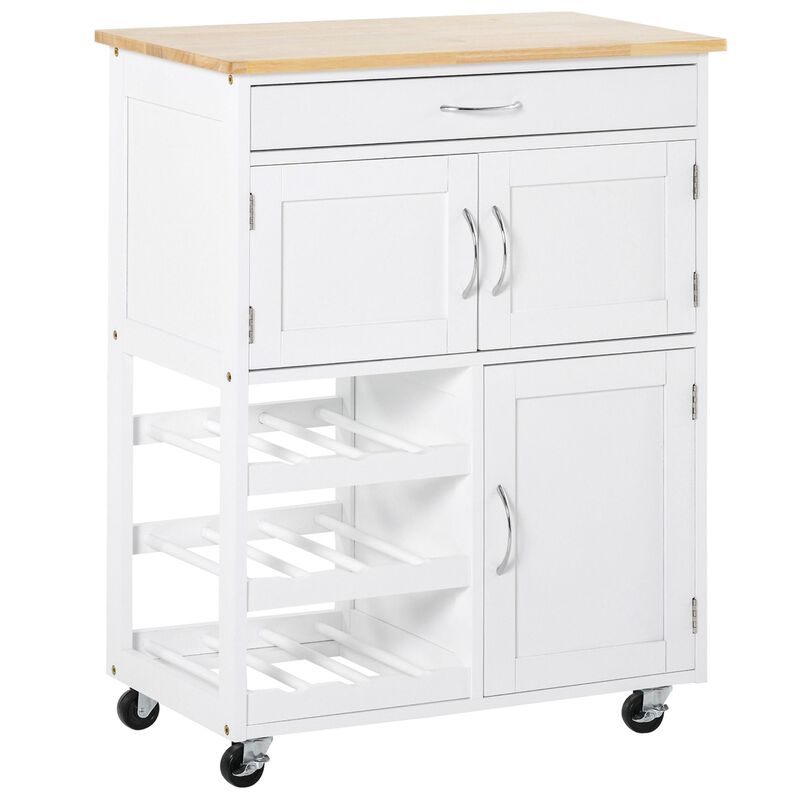 White Kitchen Helper: Rolling Cart with Wine Rack & Wooden Countertop