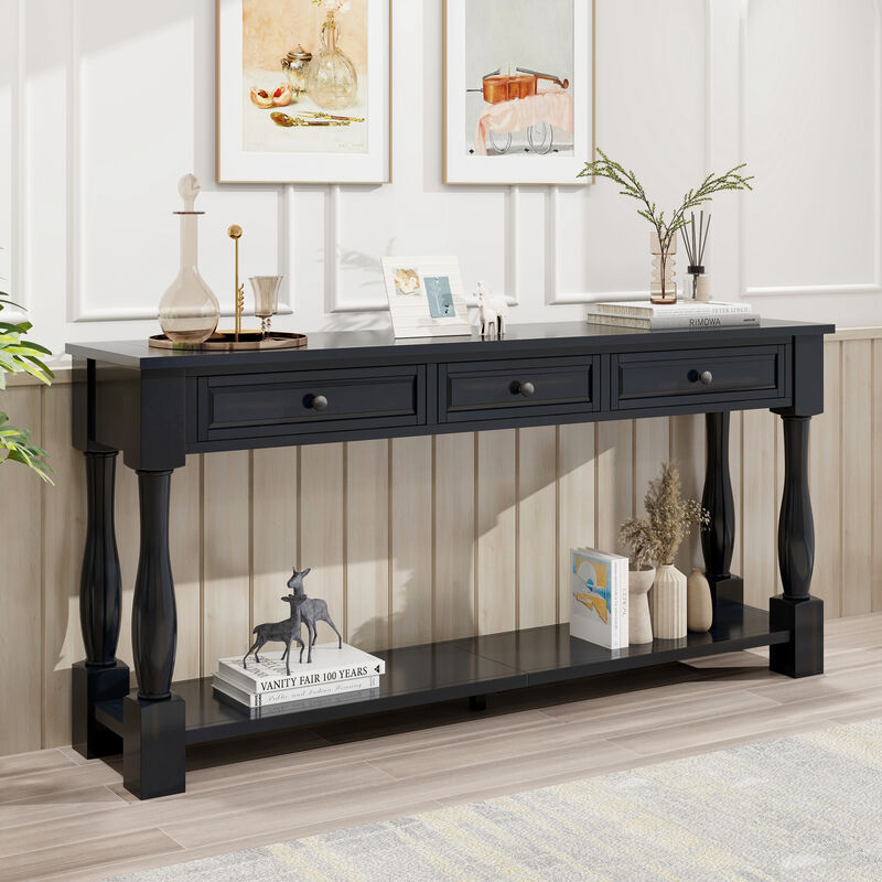 Whisen 63" Mediterranean Console Table with 3 Drawers & Shelf, Solid Wood, Entryway Table for Living Room Hallway image number 3