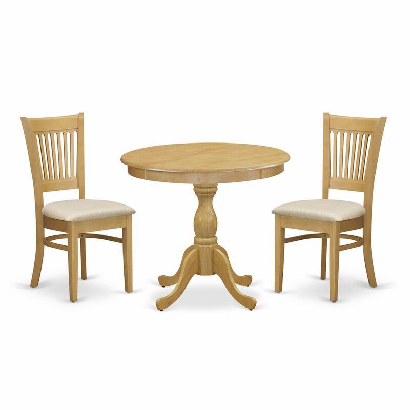 East West Furniture 3 Piece Dining Table Set Contains 1 Round Pedestal Table and 2 Oak Linen Fabric Wooden Kitchen Chairs with Slatted Back - Oak Finish