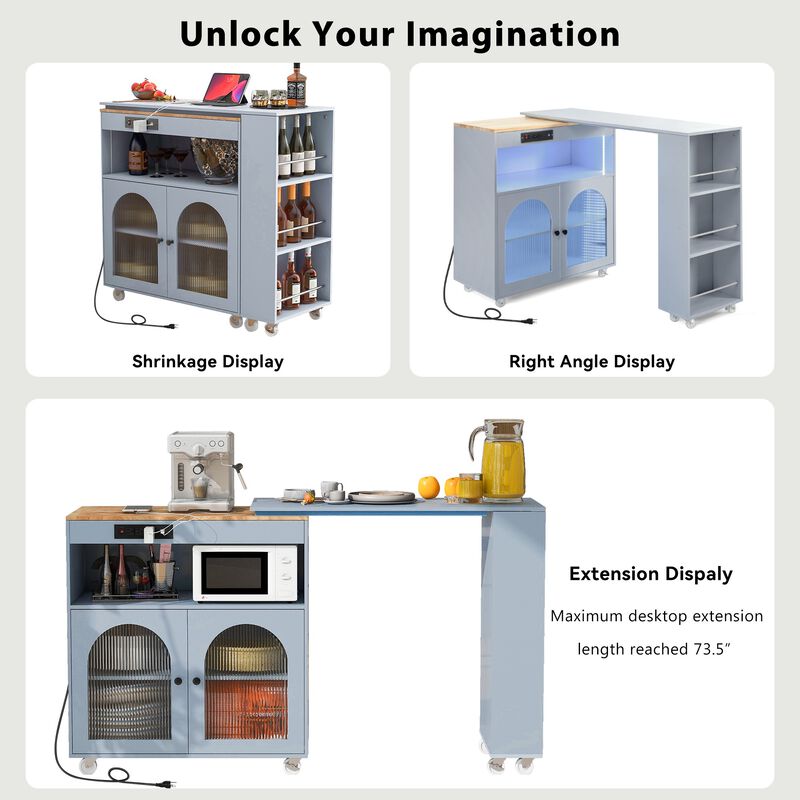 Rolling Kitchen Island With Extended Table, Kitchen island on Wheels with LED Lights,Power Outlets and 2 Fluted Glass Doors, Kitchen Island with a Storage Compartment and Side 3 Open Shelves