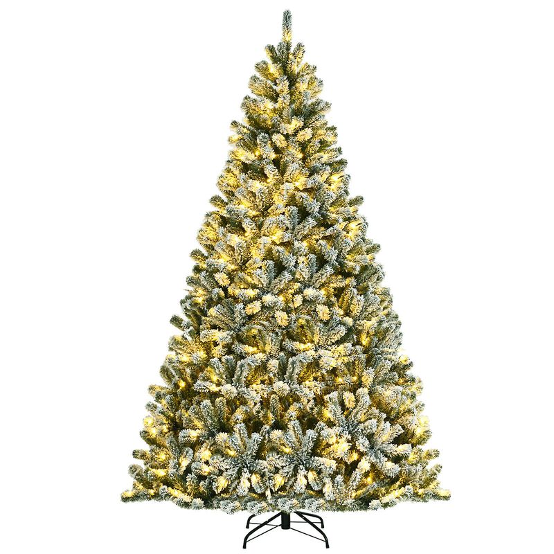 Pre-lit Snow Flocked Hinged Christmas Tree with Tips and Metal Stand