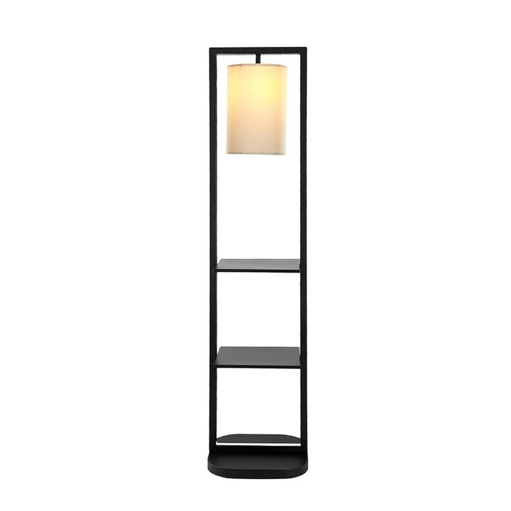 74 Inch Floor Lamp with 2 Shelves, Round Lampshade, Black Iron, White - Benzara