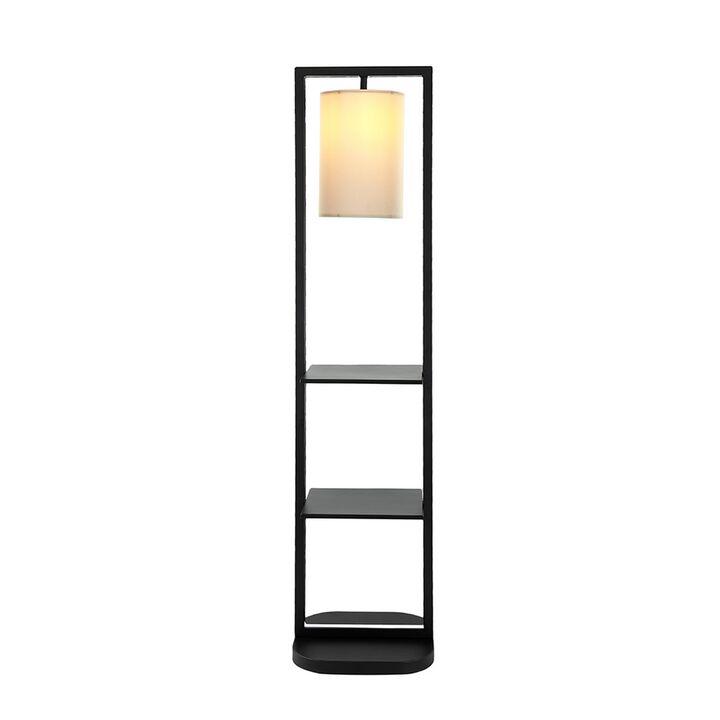 74 Inch Floor Lamp with 2 Shelves, Round Lampshade, Black Iron, White - Benzara