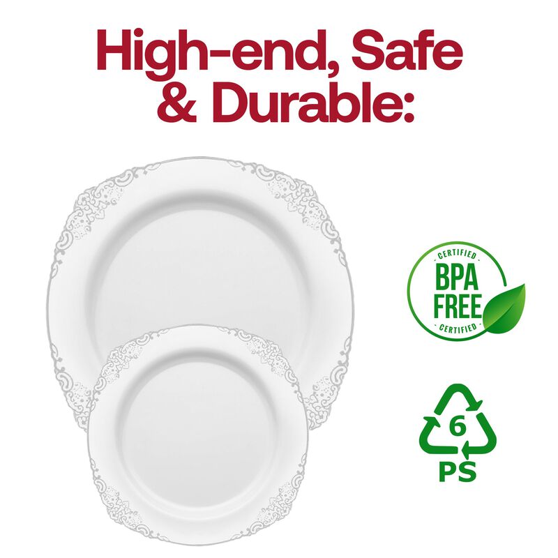 White with Silver Fancy Round Plastic Dinnerware Value Set (120 Sets) image number 5