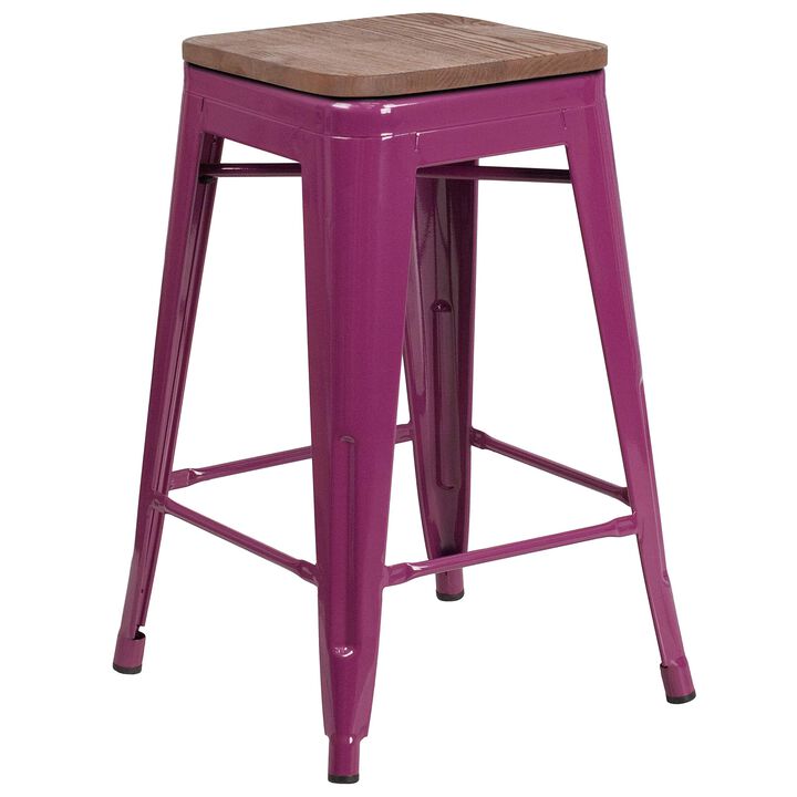 Flash Furniture Sinclair 24" High Backless Purple Counter Height Stool with Square Wood Seat