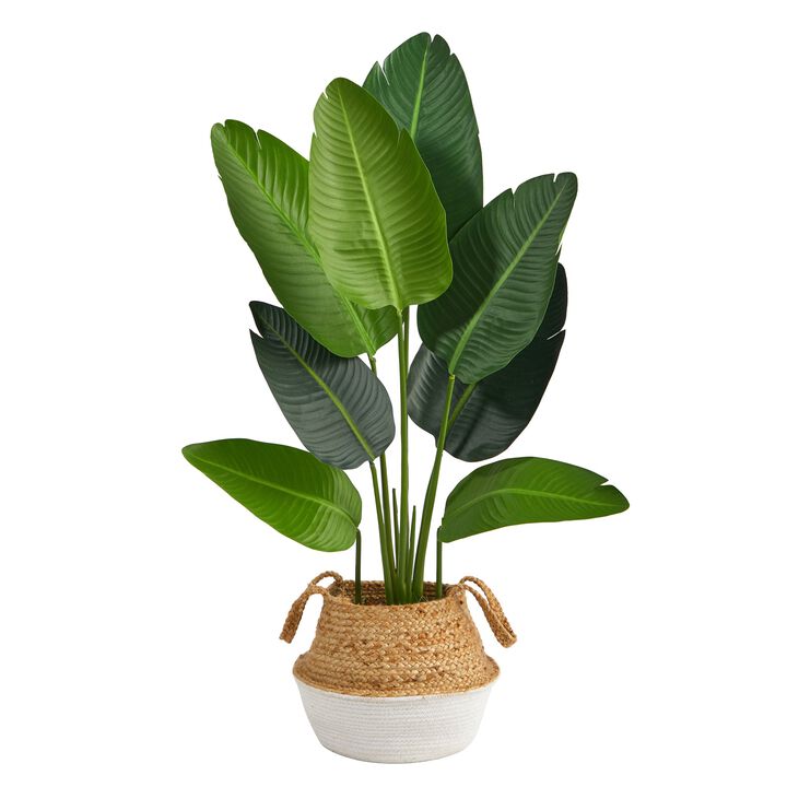 Hivvago 4 Feet Travelers Palm Artificial Tree in Boho Chic Handmade Cotton & Jute White Woven Planter