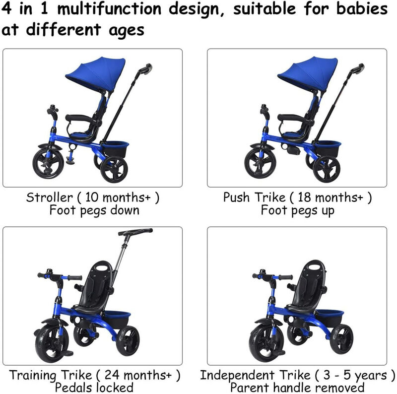 4-in-1 Toddler Tricycle with Adjustable Push Handle and Growing Design image number 4