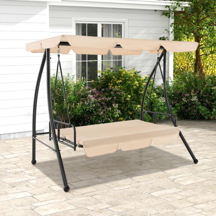 Hivvago 2-Seat Outdoor Convertible Swing Chair with Flat Bed and Adjustable Canopy-Beige