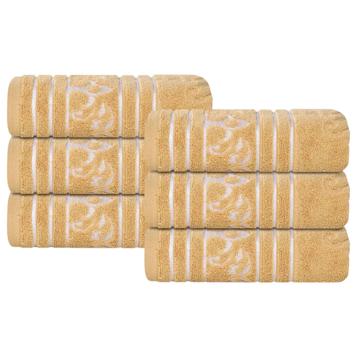 Zero Twist Cotton Hand Towel Set of 6, Floral Jacquard Soft Towels for Home Bathroom Use