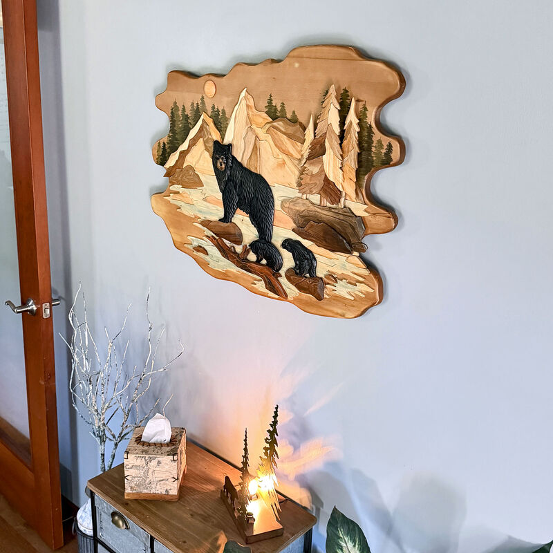 Bear Family River 25.5x34 Intarsia Wood Wall Sculpture Rustic Cabin Art image number 6