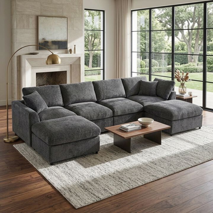 Merax Large 6-Seater Chenille Sectional Sofa with 2 Ottomans, High-Density Foam & Pocket Springs