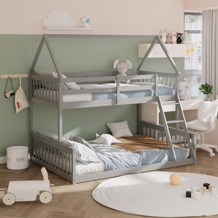 Hivvago Twin Over Full House Bunk Bed with Ladder and Guardrails