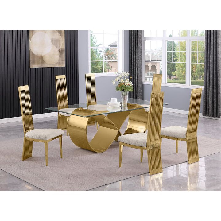 Best Quality Furniture 7Pc Tempered Glass Dining Set With 6 Cream Boucle Fabric Side Chairs