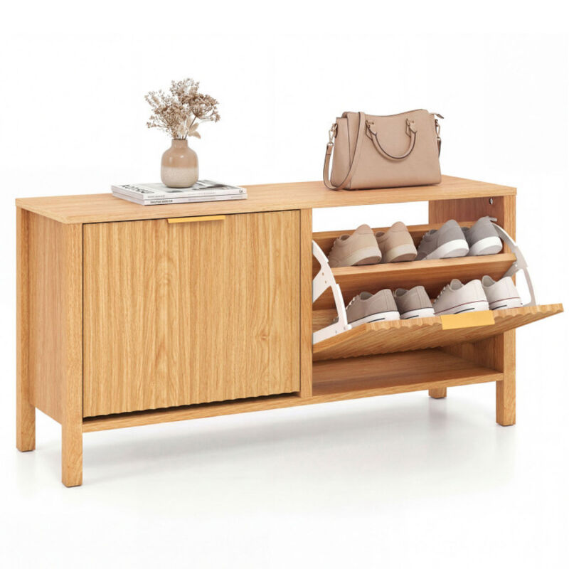 Entryway Shoe Storage Bench with 2 Flip Drawers &ndash; Narrow Wooden Design image number 4