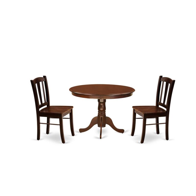 HLDL3-MAH-W - 3-Pc Kitchen Dining Set- 2 Mid Century Dining Chairs and Dining Table - Wooden Seat and Slatted Chair Back - Mahogany Finish