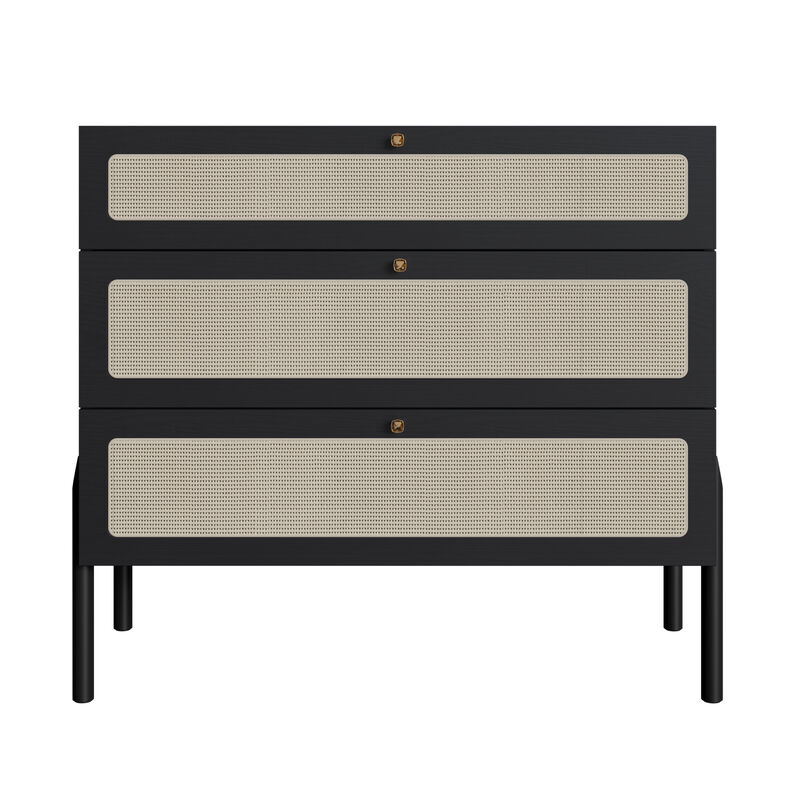 Boho 3 -Drawer Chest Wood Legs and Rattan Accent Dresser-Nero Black