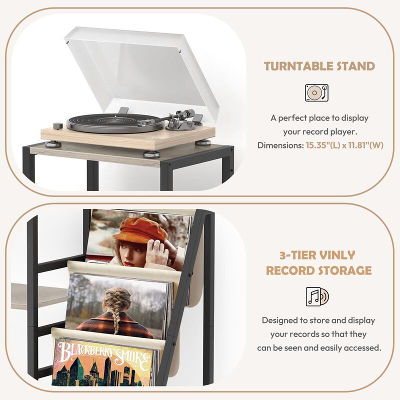 Bikoney Record Player Stand, Guitar Stand for Acoustic, Electric Guitar, Bass with Amp Stand, 3-Tier Vinyl Record Storage, Recor