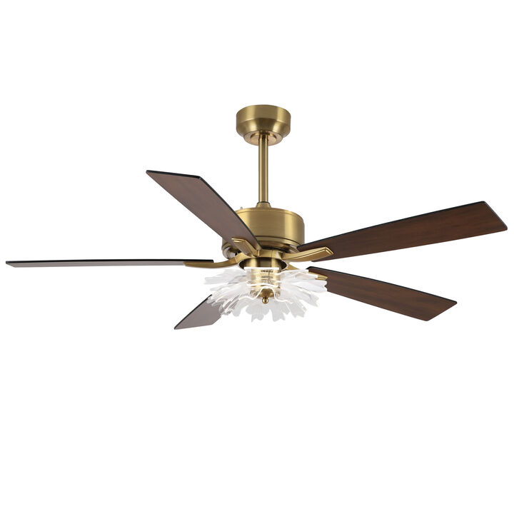 52" Modern Gold Dimmable Reversible Ceiling Fan with Lotus-shaped Light Guide Plate and Remote