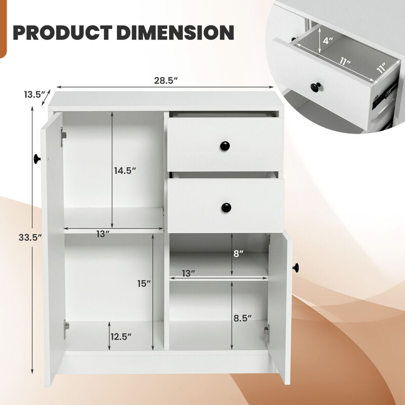 2-Door Free-standing Kitchen Sideboard with Adjustable Shelves-White