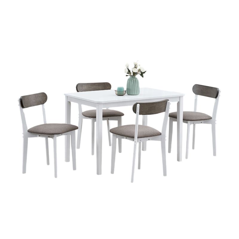 Ideli 5 Piece Dining Table Set with 4 Chairs, Brown Linen, White Wood