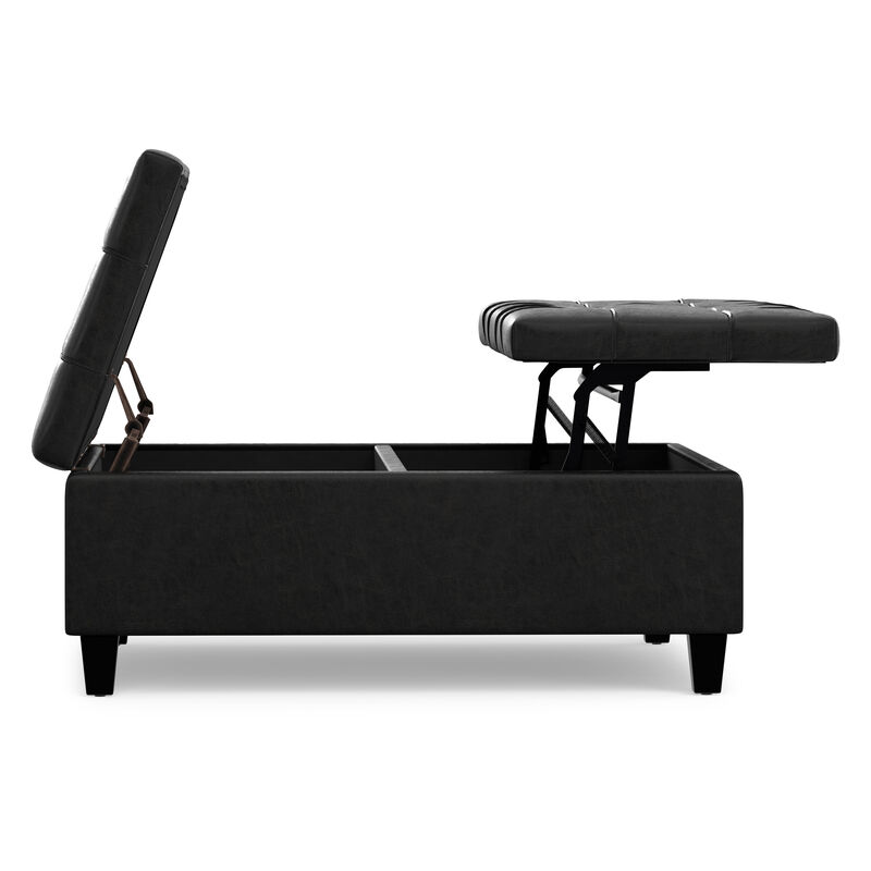 Harrison 40 inch Wide Transitional Square Large Coffee Table Storage Ottoman in Distressed Black Vegan Faux Leather, Assembled image number 3