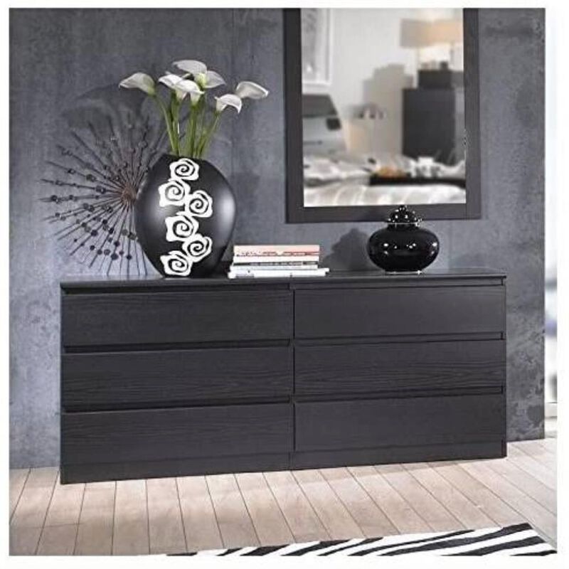 Hivvago Modern 6 Drawer Double Dresser in Black Woodgrain Finish