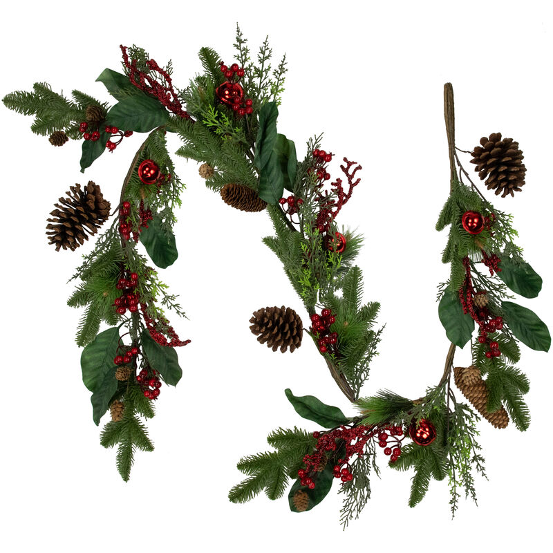 6' Green and Red Pinecones and Berries Artificial Christmas Garland- Unlit image number 0