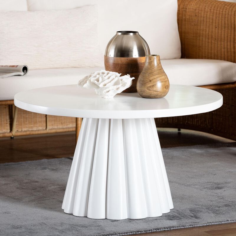 bali & pari Parvana Round Coffee Table with Fluted Pedestal Base - Contemporary White Resin Accent Table for Living Room