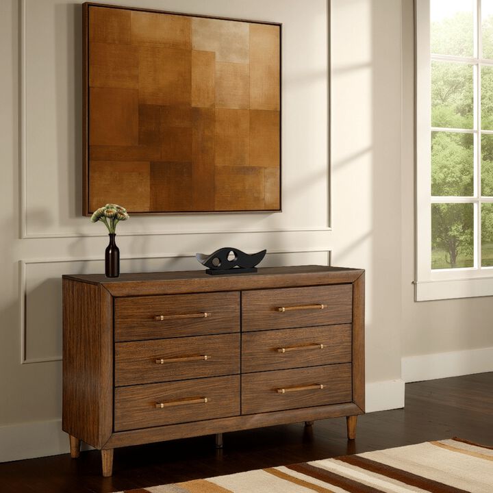 Jeyn Wide Dresser, 6 Drawers, Traditional Dark Brown Solid Hardwood