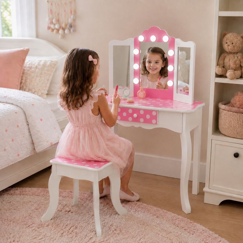 Teamson Kids Engineered Wood Vanity Set with LED Lighted Tri-Fold Acrylic Mirror, Storage Drawer & Stool, White/Pink, Fantasy Fields Gisele Polka Dot image number 5