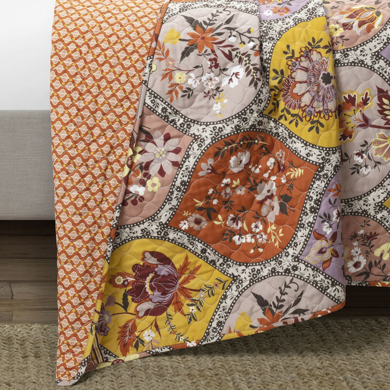 Bohemian Flower Reversible Oversized Cotton Quilt 3Pc Set